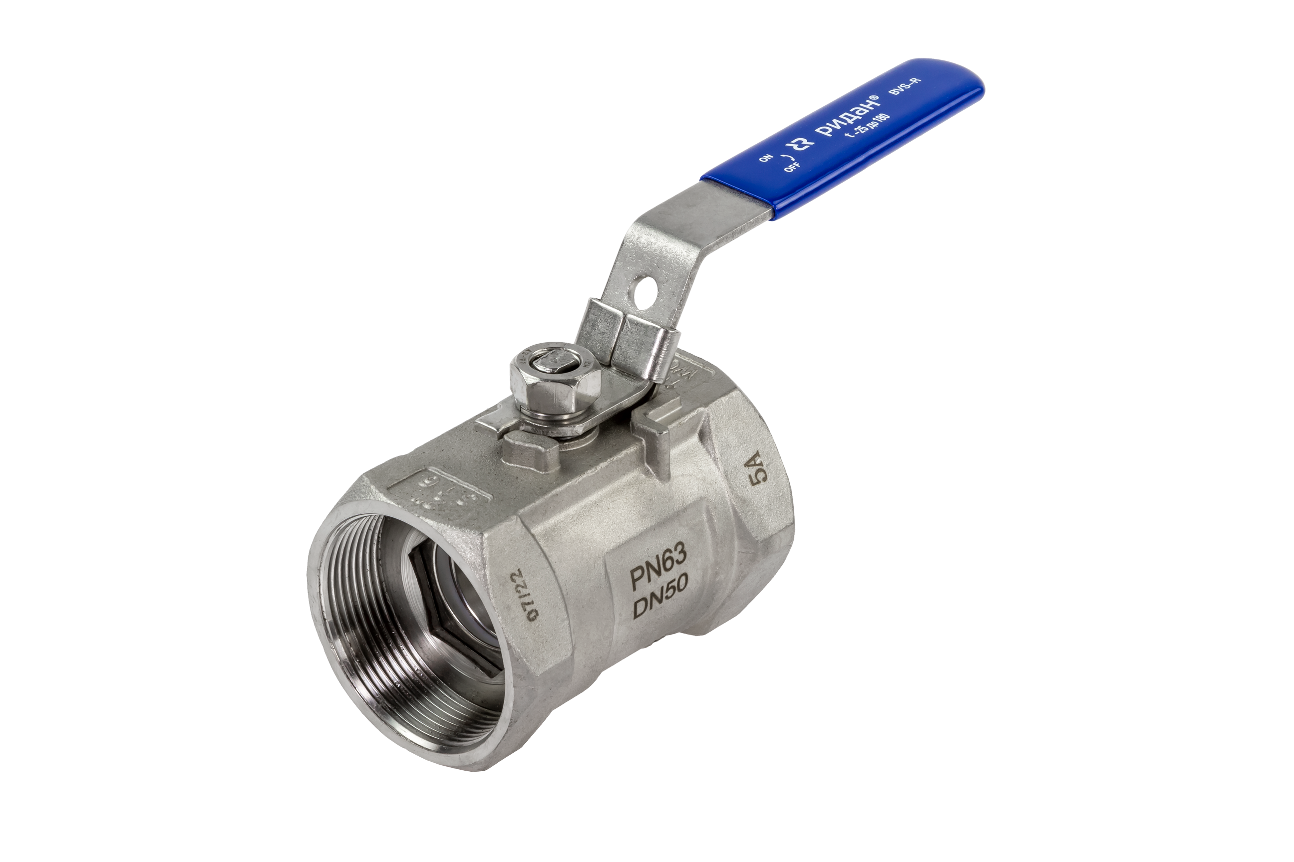 Ридан BVS-R 082X4602R — Шаровый кран резьбовой DN15 PN63, с рукояткой, корпус — коррозионностойкая сталь, шар — коррозионностойкая сталь AISI316; уплотнение по шару R-PTFE (15% C)