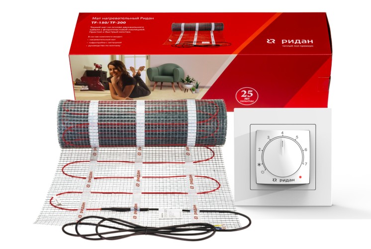 Ridan 21RT1029R — Розничный комплект для теплого пола: нагревательный мат Ridan TF-150 12 м² с терморегулятором Ridan Twist (черный)
