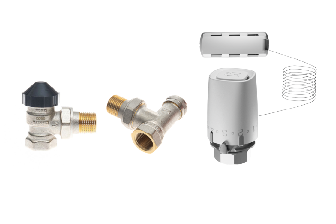Комплект для двухтрубной системы отопления: клапан терморегулирующий 013G7013R + клапан запорный угловой 003L0143R + термостатический элемент с выносным датчиком температуры 003G9006R (присоединение М30х1,5)